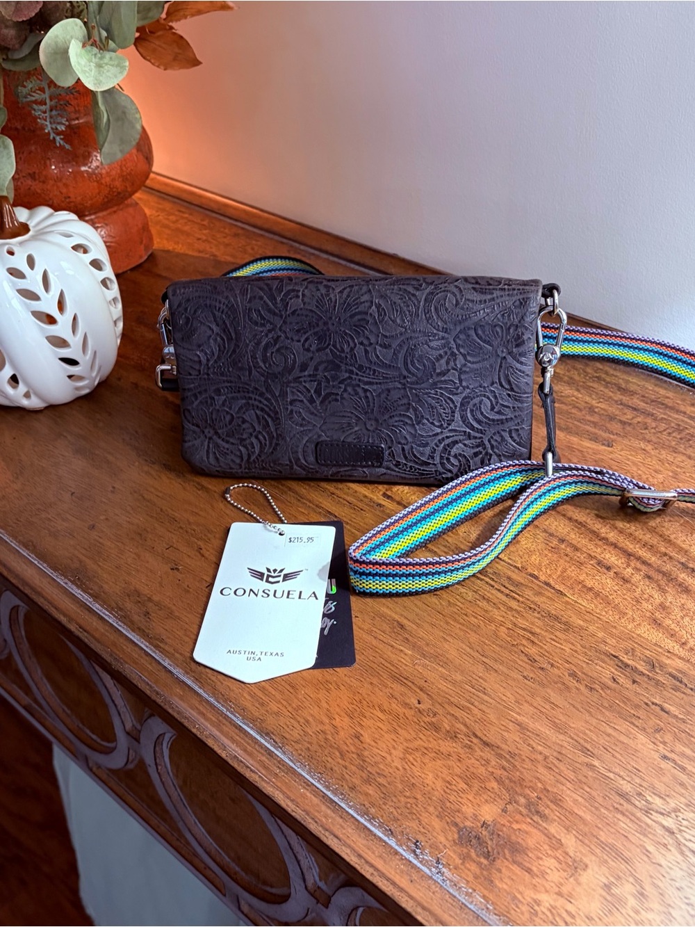 Consuela Black Embossed Uptown Crossbody with Colorful Strap
